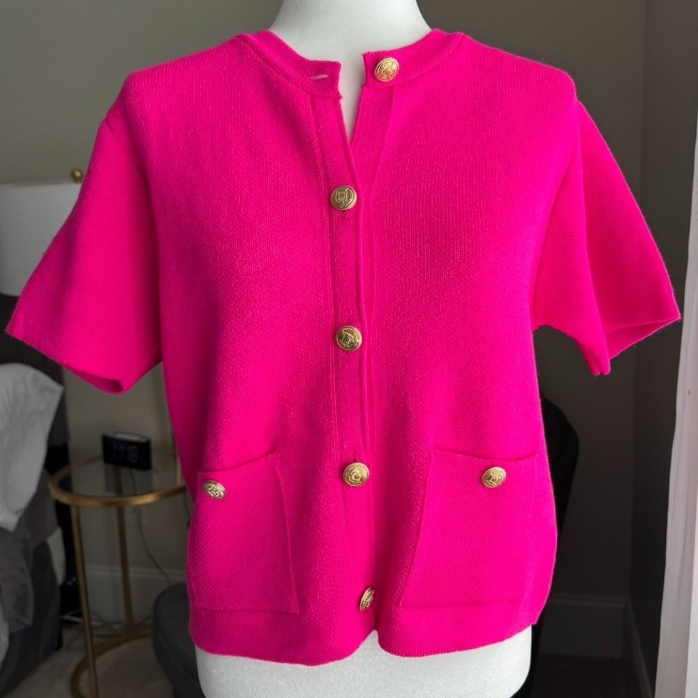 Zara Bright Hot Pink Short-Sleeve Button Cardigan large